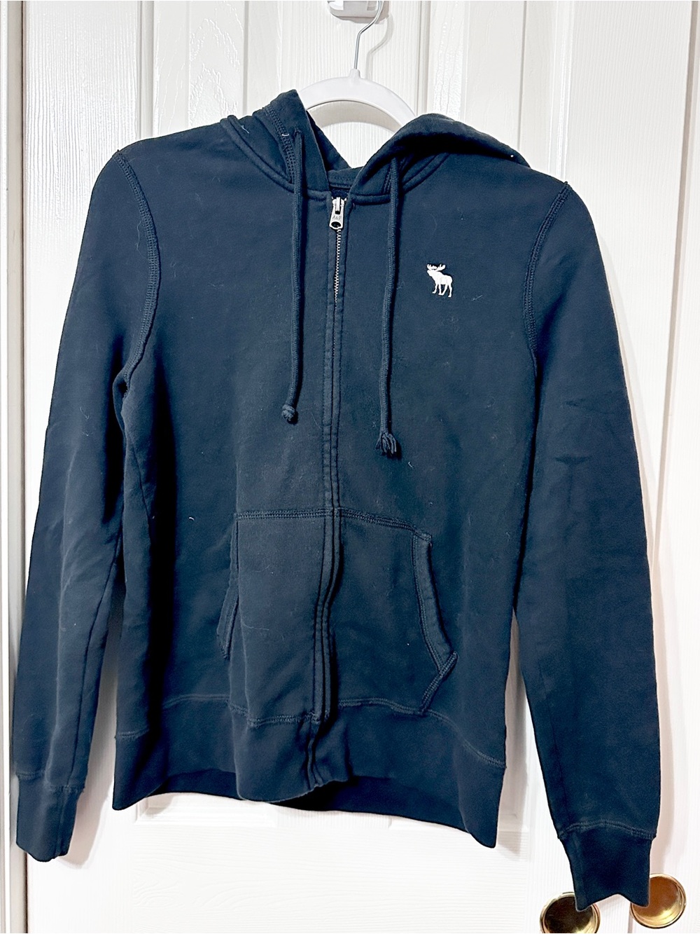 Abercrombie & Fitch Dark Navy Full-Zip Hoodie with Embroidered Moose